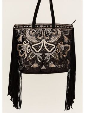 Black Embroidered Fringe Tote Bag